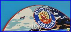 Vintage Washington Indian Chief Gasoline Porcelain Service Station Pump Sign