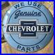 Vintage-We-Use-Genuine-Chevrolet-Parts-12-Inch-Convex-Porcelain-Enamel-Sign-01-ur