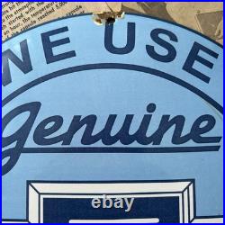 Vintage We Use Genuine Chevrolet Parts 12 Inch Convex Porcelain Enamel Sign