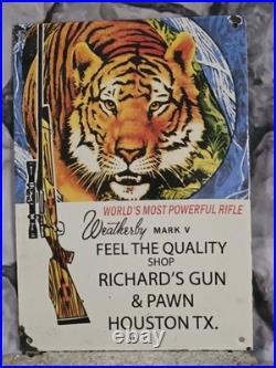 Vintage Weatherby Mark V Porcelain Sign Houston 12×8