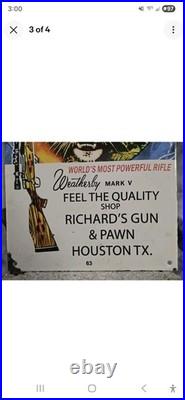 Vintage Weatherby Mark V Porcelain Sign Houston 12×8