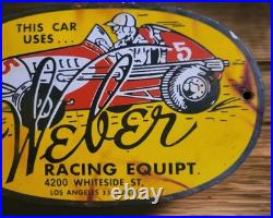 Vintage Weber Racing Equipment Porcelain Sign Los Angeles California Dealer Sign