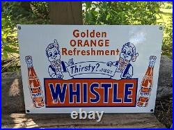 Vintage Whistle Orange Cola Soda Pop Enamel Metal Porcelain Sign 12 X 8