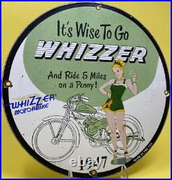 Vintage Whizzer Motor Bike Porcelain Sign Sales Service Dealership Gas Oil