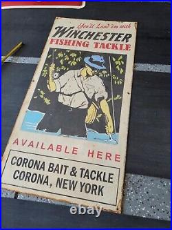 Vintage Winchester Fishing Tackle Sign Metal Corona New York Boat Lake Bait RARE