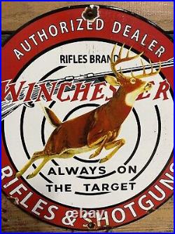 Vintage Winchester Porcelain Sign Firearm Ammunition Hunting Guns Rifle Gas Oil