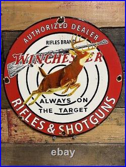 Vintage Winchester Porcelain Sign Firearm Ammunition Hunting Guns Rifle Gas Oil