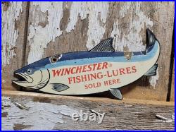 Vintage Winchester Porcelain Sign Old Fishing Lures Salmon Trout Tackle Bait