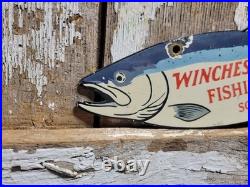 Vintage Winchester Porcelain Sign Old Fishing Lures Salmon Trout Tackle Bait