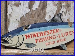 Vintage Winchester Porcelain Sign Old Fishing Lures Salmon Trout Tackle Bait