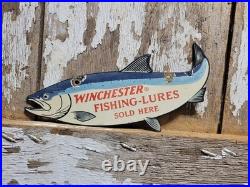 Vintage Winchester Porcelain Sign Old Fishing Lures Salmon Trout Tackle Bait