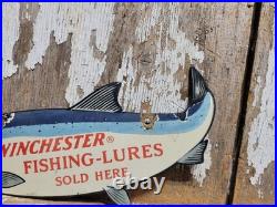 Vintage Winchester Porcelain Sign Old Fishing Lures Salmon Trout Tackle Bait