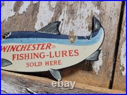 Vintage Winchester Porcelain Sign Old Fishing Lures Salmon Trout Tackle Bait