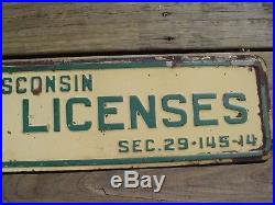 Vintage Wisconsin Fishing License Metal Tin 2 Sided Sign Original Old RARE Cabin
