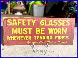Vintage Wooden Advertising Sign Fires Safety Glasses Folk Art Aafa