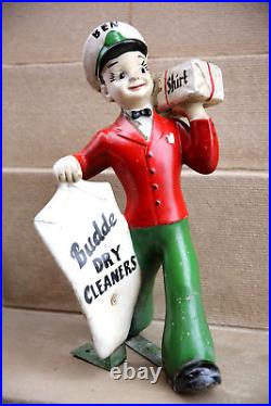 Vintage Workwear Mannequin Sign Statue Advertising Budde Dry Cleaners clothing