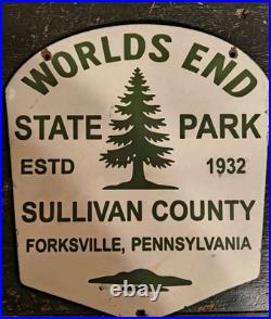 Vintage World's End State Park Porcelain Sign Forksville Pennsylvania Sullivan