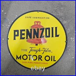 Vintage Yellow Pennzoil Old Us Gasoline Oil Gas Pump Enamel Porcelain Sign
