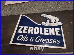 Vintage Zerolene Oils & Greases Sign Porcelain Metal Flange Gas Antifreeze RARE