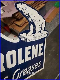 Vintage Zerolene Oils & Greases Sign Porcelain Metal Flange Gas Antifreeze RARE
