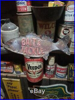 Vintage old bait tackle sign gas station general store fishing hunting beer ice