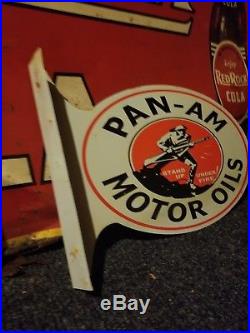 Vintage original old flange pan am standard motor oil sales sign gas metal rare