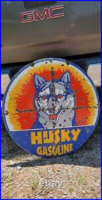 Vintage porcelain HUSKY GASOLINE double sided advertising dog gas station sign