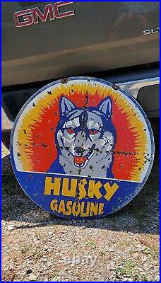 Vintage porcelain HUSKY GASOLINE double sided advertising dog gas station sign