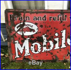 Vtg 1930s Mobiloil Gargoyle Drain & Refill SSP Porcelain Sign 5x3 Mobil Oil
