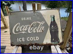 Vtg 1950's Drink Coca Cola Ice Cold Metal Advertising Store Sign Bottle Soda Pop