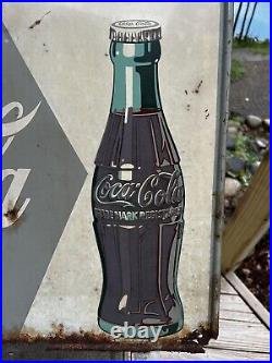 Vtg 1950's Drink Coca Cola Ice Cold Metal Advertising Store Sign Bottle Soda Pop