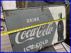 Vtg 1950's Drink Coca Cola Ice Cold Metal Advertising Store Sign Bottle Soda Pop