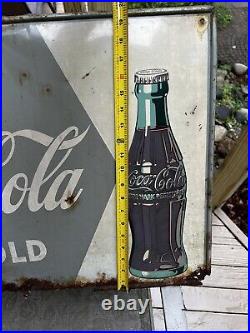 Vtg 1950's Drink Coca Cola Ice Cold Metal Advertising Store Sign Bottle Soda Pop