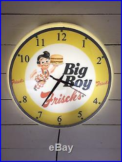 Vtg 1950's Frisch's Big Boy Restaurant Lighted Clock Light Advertisement Sign