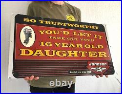 Vtg 1990s Johnson Outboard Motors Tin Sign Gas Oil Father Daughter Fishing Boat