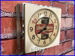 Vtg Chrome Deco Dr. Pepper Soda Store Advertising Diner Kitchen Wall Clock Sign