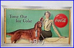 Vtg Coca Cola Time Out For A Coke Woman & Irish Setter Litho Cardboard Sign 1950