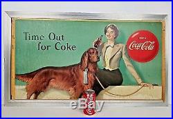 Vtg Coca Cola Time Out For A Coke Woman & Irish Setter Litho Cardboard Sign 1950