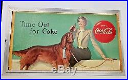 Vtg Coca Cola Time Out For A Coke Woman & Irish Setter Litho Cardboard Sign 1950