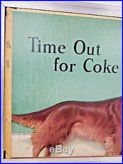Vtg Coca Cola Time Out For A Coke Woman & Irish Setter Litho Cardboard Sign 1950