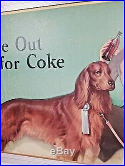 Vtg Coca Cola Time Out For A Coke Woman & Irish Setter Litho Cardboard Sign 1950