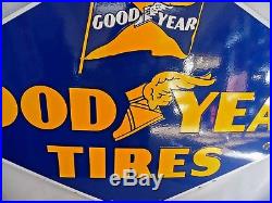 Vtg GOODYEAR TIRES Porcelain Metal Advertising Sign Single Side 5' x 32 Orig