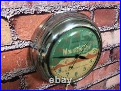 Vtg Ge Mountain Dew Soda Old Chrome Diner Advertising Kitchen Wall Clock Sign