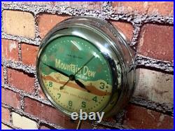 Vtg Ge Mountain Dew Soda Old Chrome Diner Advertising Kitchen Wall Clock Sign