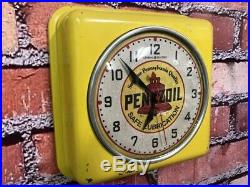 Vtg Ge-telechron Old Advertising Pennzoil-gas Station Garage Wall Clock Sign