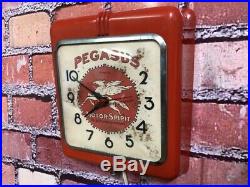 Vtg Ingraham Red Deco Advertising Pegasus Mobil Oil Gas Station Wall-clock Sign