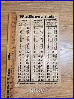 Vtg Original 1930's Cardstock Gas Price Wadhams Gasoline Milwaukee County 1936