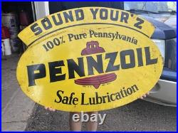 Vtg Pennzoil Sound your Z 1960s double-sided metal sign Gas Oil Station