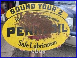 Vtg Pennzoil Sound your Z 1960s double-sided metal sign Gas Oil Station