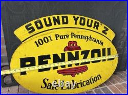 Vtg Pennzoil Sound your Z 1960s double-sided metal sign Gas Oil Station